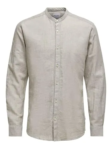 ONLY & SONS Herren Freizeit Hemd ONSCAIDEN SOLID - Slim Fit in Chinchilla - Herrenhemden: Modisches Slim-Fit Hemd aus 55% Baumwolle/45% Leinen, ideal für trendige Outfits und vielseitige Kombinationen.