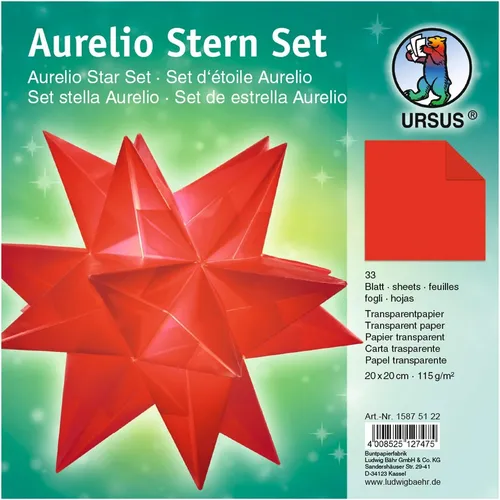 URSUS Faltblätter Origami Aurelio Stern basteln rot  transparent 33 Blatt 20cm