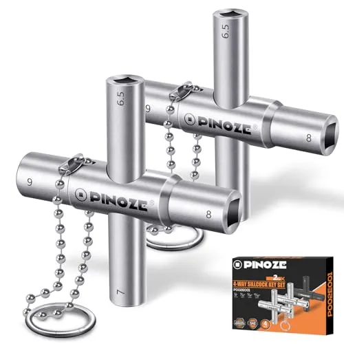 Pinoze Sillcock 4-Wege-Wasserschlüssel, 6.5/7/8/9 mm, 2er-Pack Stahl-Multifunktionsschlüssel mit Schlüsselanhänger für Sillcocks, Armaturen, Ventile, Zapfen