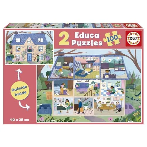 Educa - Set von 2 Puzzle für Kinder mit 100 Teilen voller externer Details und interner | Zuhause draußen/innen. Maßnahme: 40 x 28 cm. Empfohlen für Kinder ab 6 Jahre (19957)