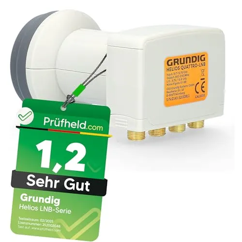 GSS Helios Quattro LNB mit LTE Abschirmung und Sun Protect - LNB für Multischalter-Systeme, getestet mit Note 1.2, bietet hervorragenden Empfang und ist mit UV-Schutz sowie Mobilfunkabwehr ausgestattet für klare Signalqualität.