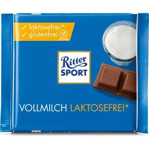 Ritter-Sport Tafelschokolade Vollmilch laktosefrei, 100g - Laktosefreie Vollmilchschokolade mit 34% Kakaoanteil, ideal für Schokoladenliebhaber mit Laktoseintoleranz. Genuss ohne Kompromisse!