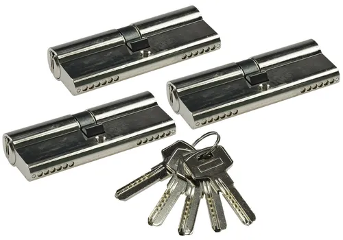 Schließzylinder-Set 3x 80mm mit 5 Sicherheits-Schlüsseln - Zylinderschlösser mit 6-Stift-Zylinder für höchste Sicherheit, ideal für Hauseingangstüren und Garagentüren. Robustes Messingmaterial und nickelbeschichtet für Langlebigkeit.