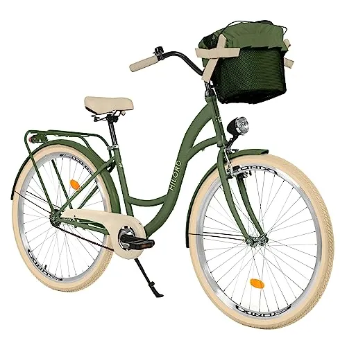 MILORD Damenfahrrad Citybike Komfort mit Metallkorb – Vintage 1-Gang 28 Zoll (Khaki)