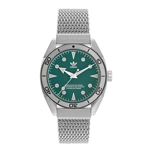 Adidas graue Edelstahluhr mit grünem Zifferblatt - Herrenuhren mit 10 ATM Wasserdichtheit, ideal für Schwimmen und Schnorcheln. Stilvolles Design mit grauem Edelstahl und grünem Zifferblatt – perfekt für jeden Anlass.