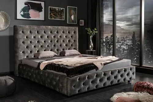 riess-ambiente Polsterbett PARIS 160x200cm grau - Elegantes Doppelbett mit edlem Samtbezug und hoher Rückenlehne, ideal für ein stilvolles Schlafzimmer. Verfügt über stabilen Mittelbalken für zwei Lattenroste.