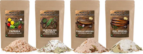 Moritz`s Räucherlauge Set Forelle, Aal, Kräuter der Provence, Paprika 2400g Räucherlake Räuchern Grillen Smoker Fischgewürz für Fisch, Fleisch, Käse und mehr