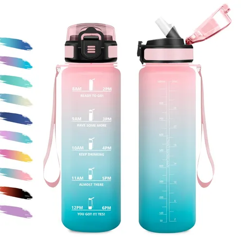 Trinkflasche Auslaufsicher 1L, Sportflasche mit strohhalm, Motivierende