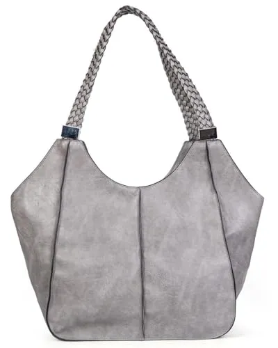 OBC Damen XXL Tasche Schultertasche Shopper Businesstasche Umhängetasche Workbag Henkeltasche Reisetasche FLECHTOPTIK Henkel Leder Optik Hellgrau