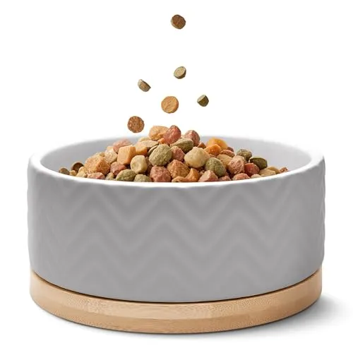 FREUDENTIER Hundenapf aus Keramik mit Bambus-Boden - 990ml - rutschfest & spülmaschinenfest - Moderner Futternapf/Fressnapf für Grosse Hunde & kleine Hunde - Näpfe Hund (Weiß, 1x)