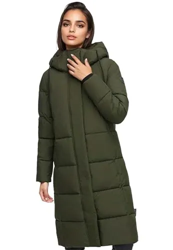 MARIKOO Damen Wintermantel N099 - Gesteppt mit abnehmbarer Kapuze - DarkOlive Größe 3XL - Stylischer Wintermantel aus hochwertigem Polyester mit Fleecefutter für Wärme. Abnehmbare Kapuze und Bewegungsschlitz sorgen für Komfort und Bewegungsfreiheit. Ideal für kalte Tage.