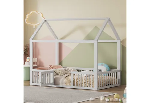 OKWISH Kinderbett mit Rundum-Rausfallschutz - Gemütliches Hausbett in Weiß, ideal für Kinderzimmer. Mit sicherem Rausfallschutz und Türchen für einfachen Einstieg. Stabile Konstruktion aus Kiefernholz und MDF für langanhaltenden Spaß.