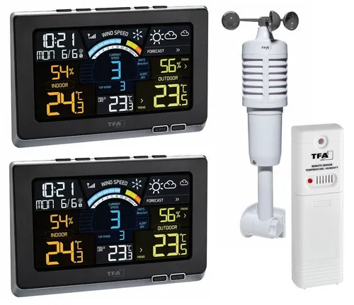 TFA Dostmann Funkwetterstation Spring Breeze Plus - Wettersensoren mit kombiniertem Thermo-Hygro-Sender und Windmesser, farbig beleuchtetem Display für einfache Wetterprognosen und umfassende Klimakontrolle.