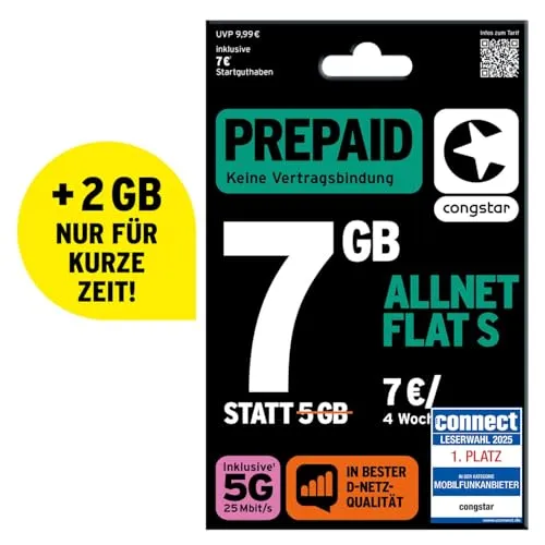 congstar Prepaid ALLNET S SIM-Karte ohne Vertrag I 7 GB Prepaid-Paket in D-Netz Qualität für Einsteiger I 5G mit 25 Mbit/s I Telefonie & SMS Flat in alle dt. Netze I EU-Roaming inkl.