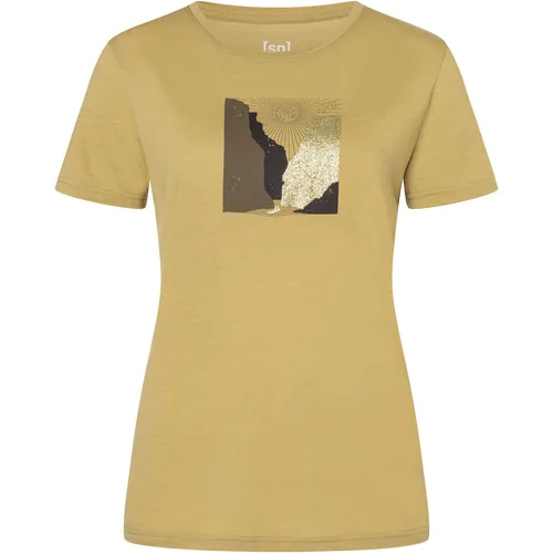 Super.Natural W RIO Grande Tee sahara/various (66H) L - Vielseitiges Damen-Merino-Shirt aus ADVANCED WOOL 140, ideal für aktive Frauen. Atmungsaktiv und schnell trocknend – perfekt für Outdoor-Aktivitäten und den Alltag. Langlebig und pflegeleicht, der modische Outdoor-Print sorgt für einen stylishen Look.