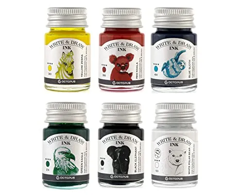 Octopus Write and Draw Ink Set BASIC BRIGHT, wasserfeste Tinte zum Schreiben und Zeichnen, Kalligraphietinte, Zeichentusche für Füllhalter, 6x10 ml