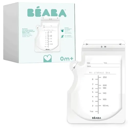 BEABA, 50 Muttermilchbehälter, 250ml, Vorsterilisiert, Einfrieren, Graduieren, Hermetisch, Etikettieren, 250ml