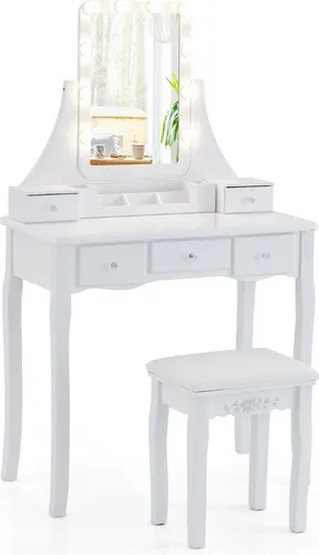 Schminktisch mit LED-Beleuchtung & 5 Schubladen & Hocker Frisiertisch Kosmetiktisch Weiß
