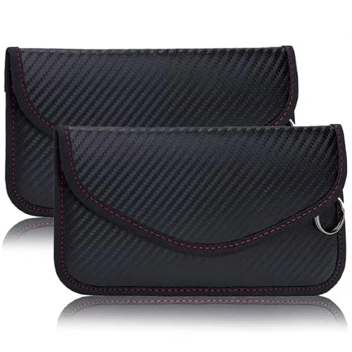 SCDZY Keyless Go Schutz, 2 Stück Kohlefaser Leder Faraday Bag RFID Blocker Autoschlüssel Hülle Schlüsseletui Schlüsseltasche Klein Strahlenschutz Tasche mit Haken und Schlüsselring