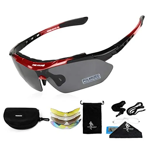 FREE SOLDIER Sportbrille Polaroid Sonnenbrille Herren Fahrradbrille 5 in 1 Taktische Militärische MTB Brille Laufbrille zum Radfahren Fahrt Wandern Fischen Outdoor-Aktivitäten(Rot)