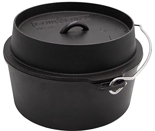 Grillfürst Dutch Oven ca. 7,5 Liter - stabil stehender Feuertopf mit flachem Boden ohne Füße, hitzebeständiger Gusseisen Topf, Deckel als Pfanne nutzbar, rund, DO 7,5