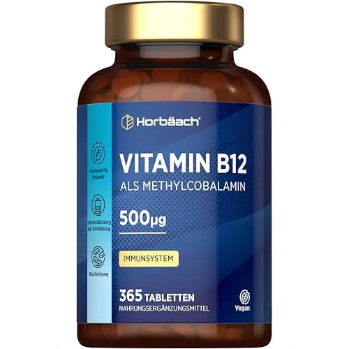 Vitamin B12 Hochdosiert 500µg pro tablette | 1 Jahr Vorrat - 365 Vegane Stück | Hochdosiert Reines Methylcobalamin Supplement | 500µg | Horbaach