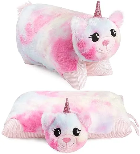 BRUBAKER Kuscheltier-Kissen Einhorn - 2 in 1 Plüschtier und Kuschelkissen - 40 x 30 cm Kuscheleinhorn - aufklappbares Kinder Plüschkissen mit Klettverschluss - Einhornkissen Stofftier - Bunt