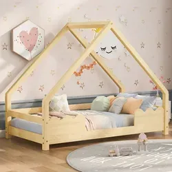 Flieks Kinderbett Hausbett 90x200cm mit Lattenrost, Bodenbett mit Rausfallschutz, Einzelbett Jugendbett Kiefernholzbett, Naturbelassen - Naturbelassen