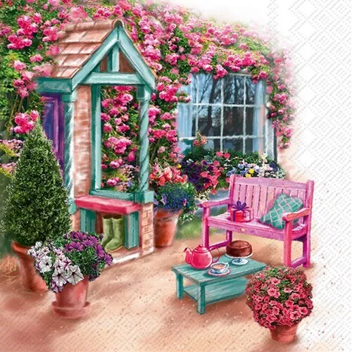 Servietten Garden View Gemütlich Gartenecke Landhaus Rosen Blumen pink 33x33 20