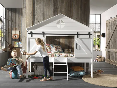 BARNIE halbhohes Scheunenbett 90x200 cm - Kinderzimmermöbel im einzigartigen Scheunen-Design, mit integriertem Rolllattenrost für optimalen Halt und viel Stauraum unter dem Bett.