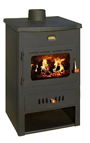 Prity K1CPW8 Holzofen mit Wasserjacke - Hocheffizienter Kaminofen mit integriertem Warmwasserbereiter, ideal für Zentralheizung. Ausgestattet mit hitzebeständigem Keramikglas und Gusseisentüren.