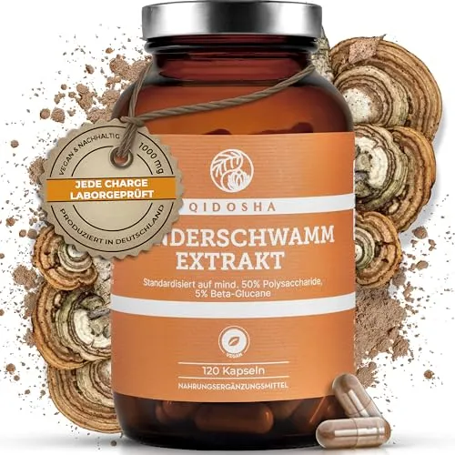 QIDOSHA® Zunderschwamm Extrakt Kapseln - 120 Stk im Apothekerglas - Pflanzliches Ergänzungsmittel mit hochreinem Fomes fomentarius Extrakt, 500mg je Kapsel, 50% Polysaccharide, laborgeprüft und mit hoher Bioverfügbarkeit für optimale Nährstoffaufnahme.