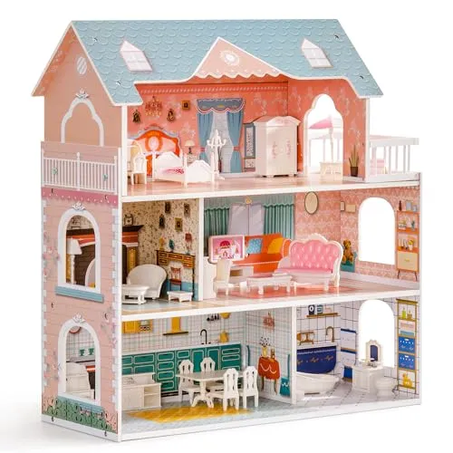 ROBUD Puppenhaus aus Holz mit Möbeln und Zubehör Mädchen Häuser Spielhaus Spielraum Spielzeug für Kinder