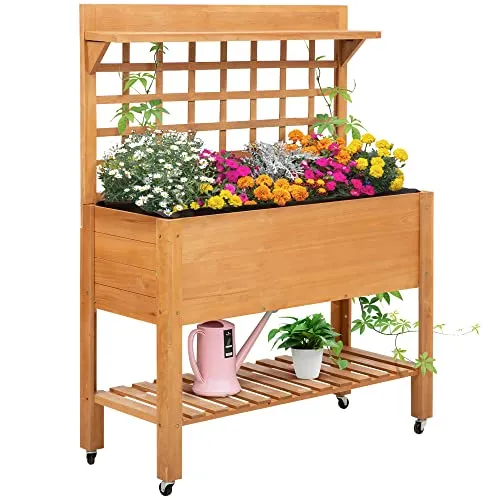 Outsunny Hochbeet Pflanztisch 105x40 cm - Hochbeet-Kit mit 3 Ebenen für Pflanzen und Stauraum, mobil durch 4 Universalräder, ideal für Balkon, Garten oder Terrasse.