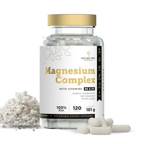 Golden Tree Magnesium Komplex Kapseln, 120 Stück | Magnesiumcitrat, -bisglycinat & -malat, Hochdosiert mit 400 mg, Mit Vitamin D3 & B6
