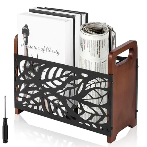 GBKDQQ Zeitungsständer Magazinständer aus Holz und Metall mit Griffen, Platzsparender Zeitungshalter Zeitschriftensammler Aufbewahrungskorb 33x24x13cm, Zeitschriftenhalter für Büro und Zuhause