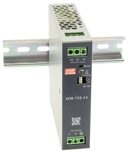 MW Mean Well XDR-75E-24 Hutschienen-Netzteil - Hutschienen-Netzteil (DIN-Rail) mit 76.8 W, hohe Effizienz von 90% und Betriebstemperatur von -40 °C bis +70 °C, ideal für industrielle Anwendungen.