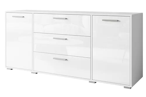 MINIO go for it - Kommode mit Schubladen 150 cm Breit TOGA I Sideboard für Wohnzimmer Schlafzimmer Flur I Moderne Komodenschrank I Kommode Weiss Hochglanz/Weiss