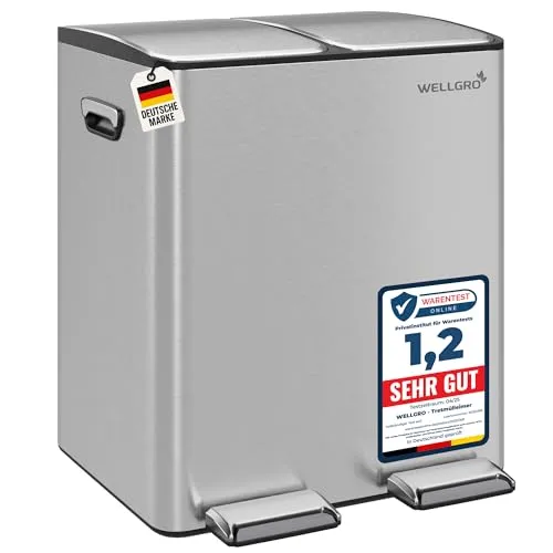 WELLGRO Treteimer 2x15L Silber – Edelstahl mit Softclose & Pedal - Praktischer WELLGRO Tretmülleimer mit 2x15L für effiziente Mülltrennung. Der elegante Edelstahl-Eimer bietet hygienische Handhabung mit Softclose-Deckel und ist ideal für moderne Küchen.