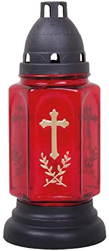 HS Candle Grableuchte aus Glas (24 cm) mit Kreuz inklusiv Kerze - Design Buena rot