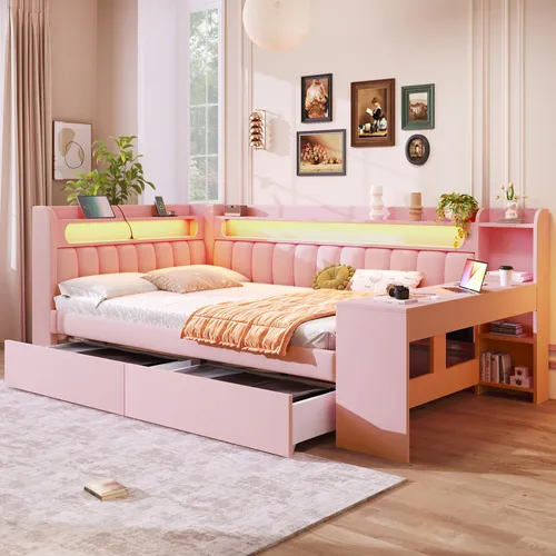 MODFU Schlafsofa Polsterbett 140x200 mit LED-Gürtel und Schreibtisch
