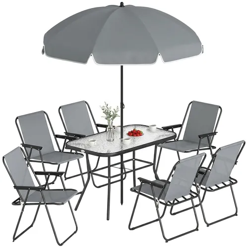 Outsunny 8-teiliges Gartenmöbel Set mit Glastisch und Sonnenschirm - Vielseitiges 8-teiliges Set für gesellige Runden im Freien: Es umfasst einen eleganten Tisch mit Sonnenschirmloch, 6 klappbare Stühle und einen großzügigen Sonnenschirm. Ideal für entspannte Mahlzeiten und Grillfeste.