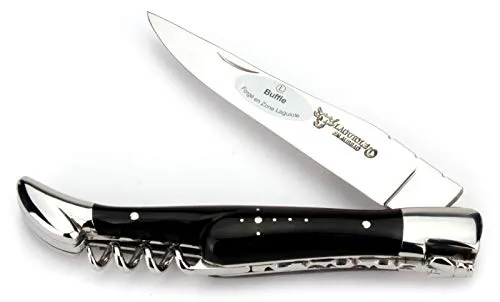 Laguiole en Aubrac - Hochwertiges Taschenmesser 12 cm mit Büffelhorn-Griff - Elegantes Jagdmesser mit 10 cm Klinge, glänzenden Backen und Korkenzieher. Ideal für den Outdoor-Einsatz und Sammler, mit traditioneller Handwerkskunst aus Frankreich.