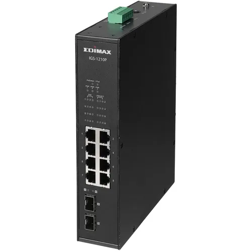 Edimax IGS-1210P - 10-Port Gigabit PoE+ Switch - Industrieller Netzwerk-Switch mit 8 PoE+ Anschlüssen und 2 SFP-Ports, 6kV Überspannungsschutz und breitem Betriebstemperaturbereich von -20° bis +70°C.