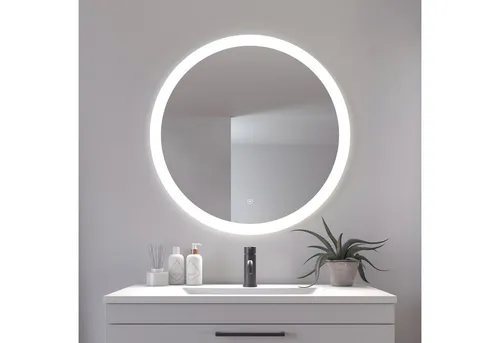 Loevschall Badspiegel Vega Rund, LED Lichtspiegel Ø 80 cm - Badspiegel mit energiesparenden LED-Leuchten und dimmbaren Touchpanel, ideal für modernes Badezimmer-Design.