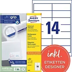 Avery Zweckform 3678 Etiketten 97x37mm, 1400 Stück - Selbstklebende A4 Etiketten mit starker Klebkraft, ideal für Druckaufträge und Stapelverarbeitung. Nachhaltig hergestellt und für alle Drucker geeignet.