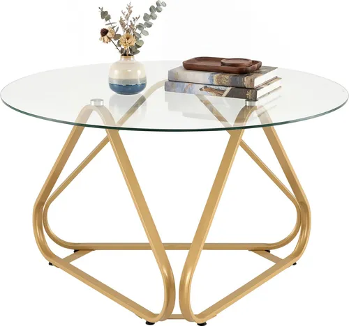 COSTWAY Couchtisch aus gehärtetem Glas & Metallrahmen, 80 cm, Golden