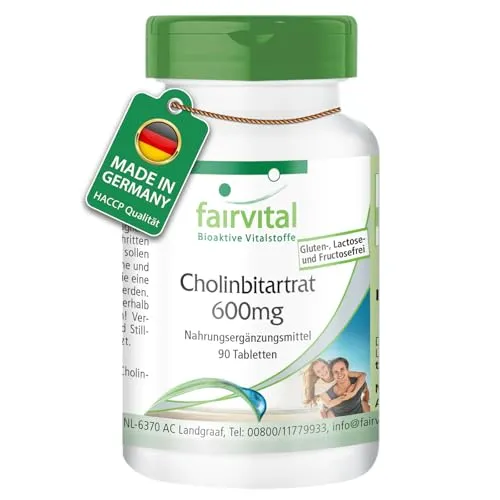 Fairvital | Cholinbitartrat 600mg - 90 Tabletten - Leber & Fettstoffwechsel* - mit 40% Cholin - qualitätsgeprüft und hochdosiert - 100% vegan - Made in Germany