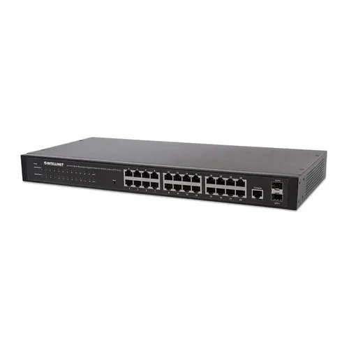 Intellinet 24-Port Gigabit Network Switch - Managed Rackmount Switch mit 24 Ports und 4 SFP, ideal für hohe Netzwerkgeschwindigkeit und Flexibilität in Unternehmen.