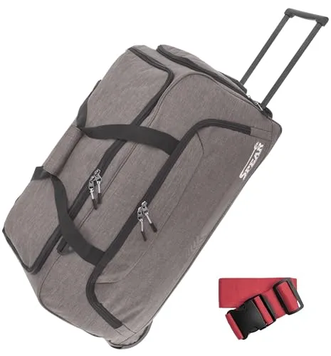 SPEAR Trolley Reisetasche groß XXL Koffer 85 Liter, 68 cm Tasche Schultergurt Reisegepäck Rolltasche Damen Herren Gepäck Reise Trolly 910 + Koffergurt (Beige-Grau (Sandstein Grau hell))